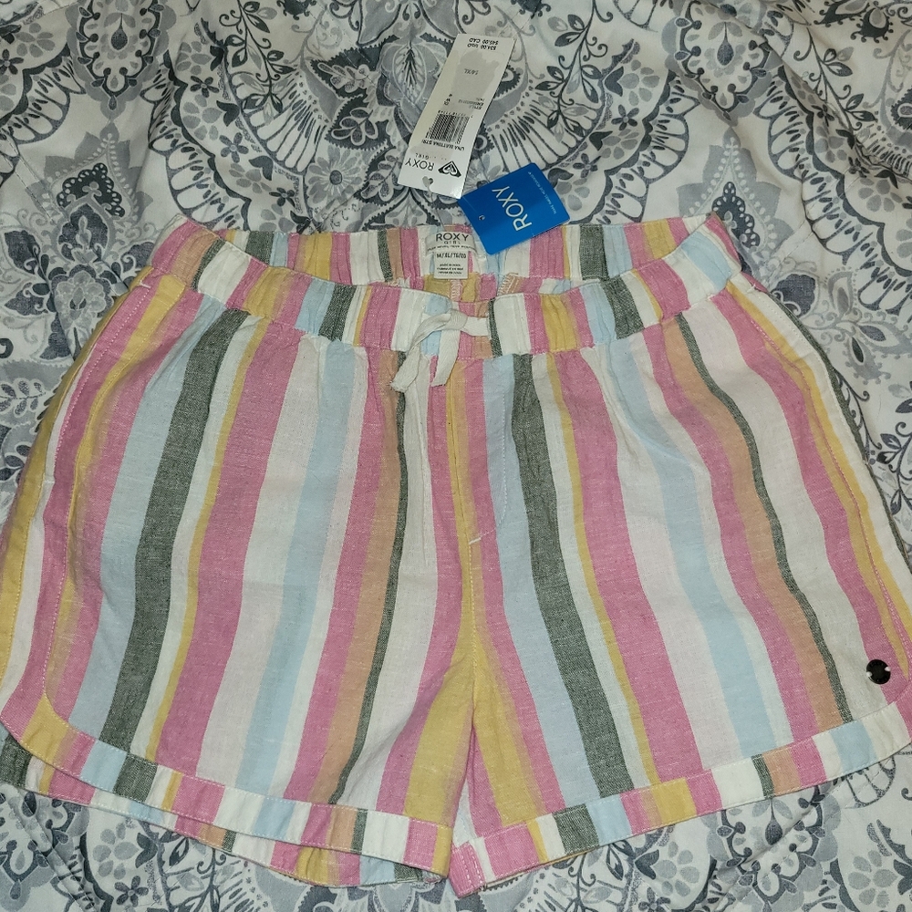 Roxy Girl Linen Cotton Blend Striped Shorts New With Tags Sz 14/XL‎